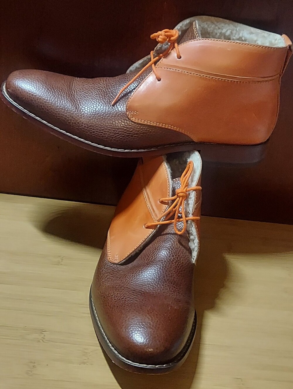 COLE HAAN ROADLOTS C10401 MEN'S BROWN & ORANGE LEATHER FAUX FUR BOOTS SIZE 8.5M